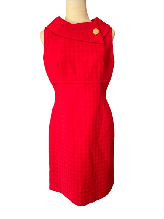 Liz Claiborne Dresses & Skirts - Vintage Liz Claiborne Red Houndstooth Dress Portrait Collar Gold Button SZ 8